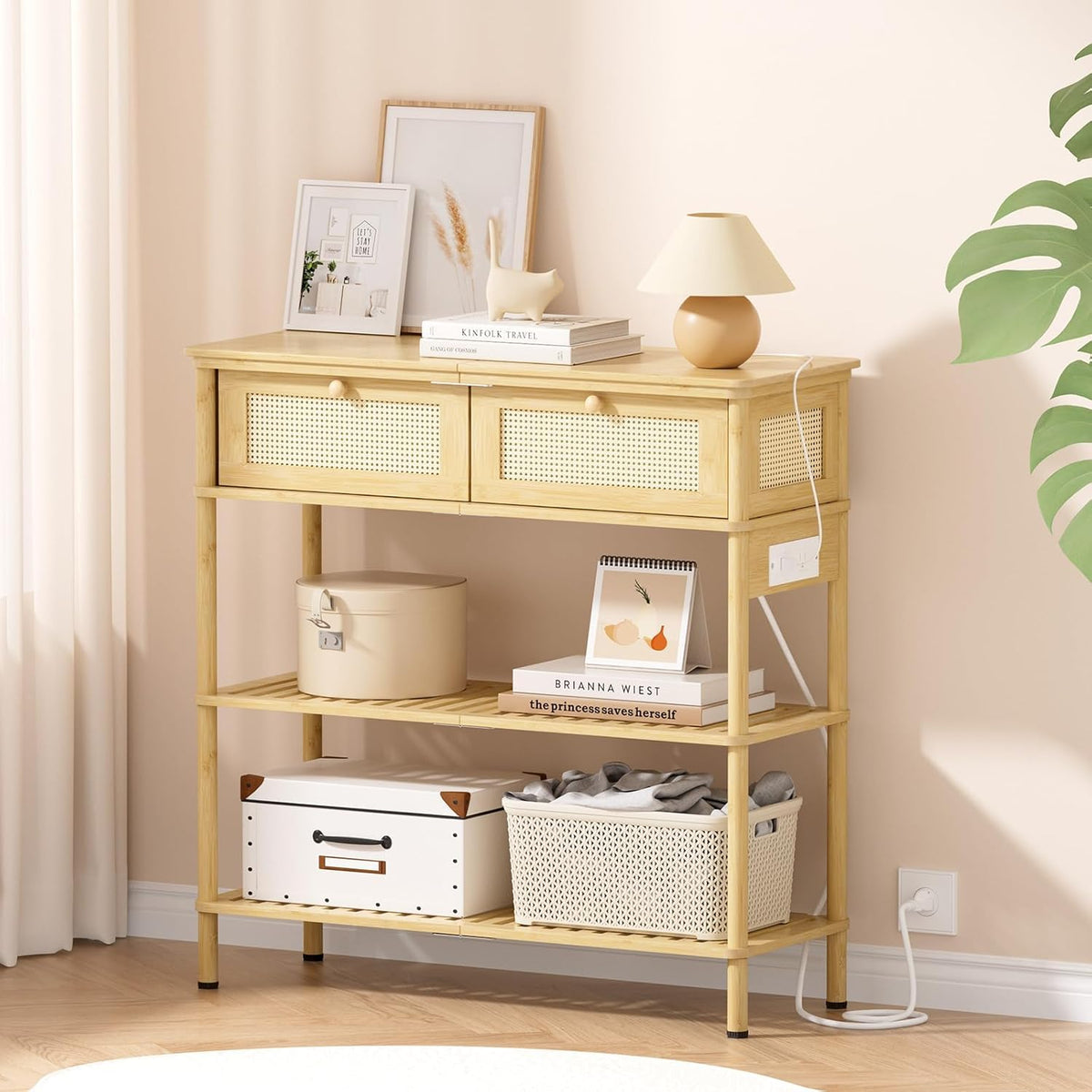 Entryway Table Sofa Console Table, Bamboo Small Entry Way Table with Drawers Storage and Power Outlets for Living Room, Hallway, Foyer, Entrance