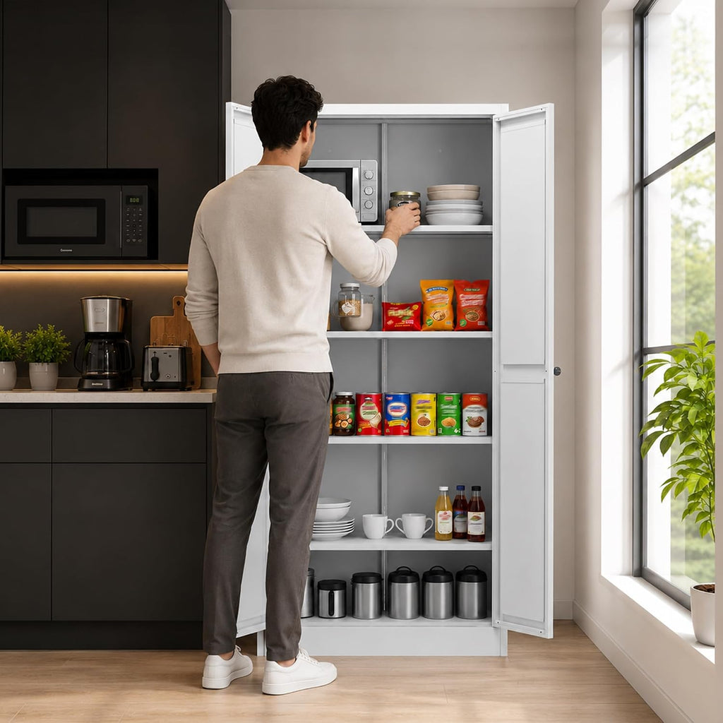 Metal Pantry Cabinet, Kitchen Pantry Storage Cabinets | with Doors and 4 Shelves, White Kitchen Pantry Cabinet for Home Office Living Room
