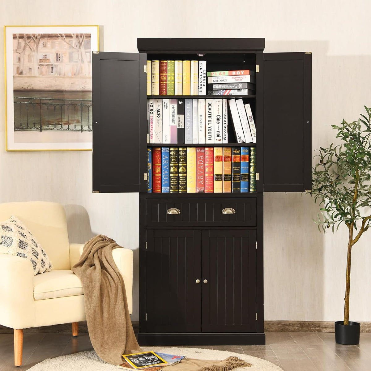 72" Kitchen Pantry Cabinet, Kitchen Cupboard with 2 Double-Doors Cabinet, Large Drawer, 4 Adjustable Shelves, Traditional Tall Storage Cabinets for Dining Room, Bathroom, Brown