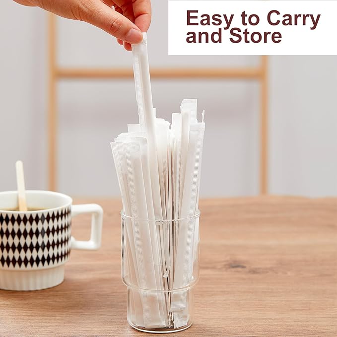 Wooden Coffee Stirrers Individually Wrapped, 500-Count 5.5 Inch Birch Stir Sticks, Natural & Eco-Friendly Disposable Wood Stirrers for Coffee, Hot Drinks, Cocktails, Coffee Bar Accessories ﻿