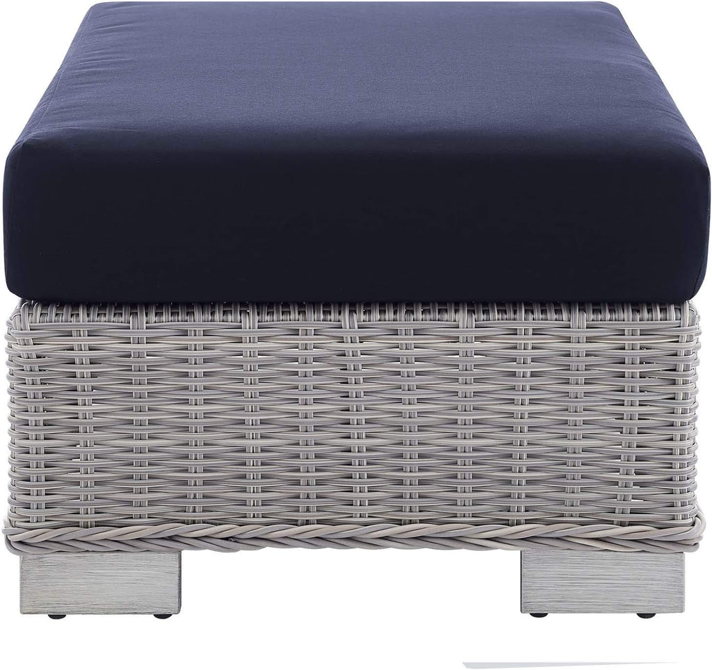 Conway Sunbrella® Outdoor Patio Wicker Rattan Ottoman in Light Gray Navy