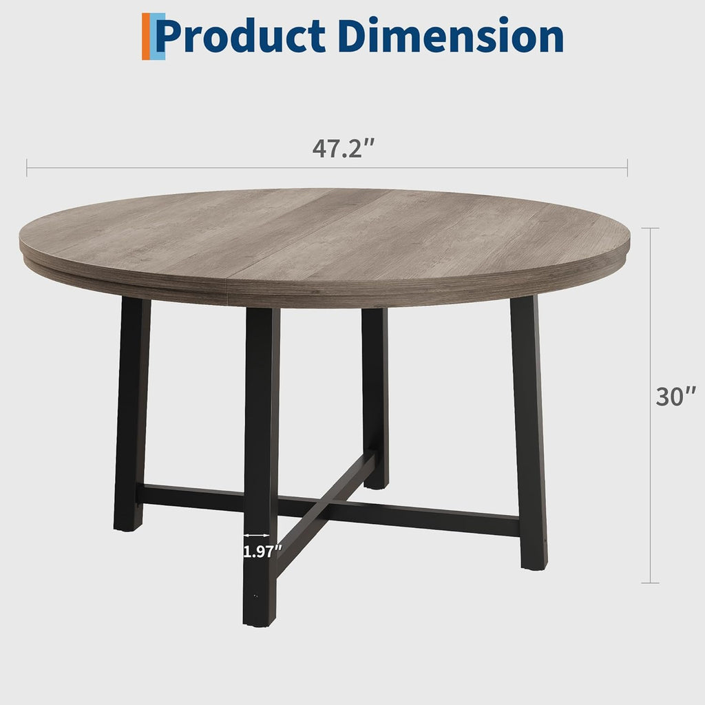 GarveeHome 47 in Round Dining Table, Industrial Dinner Table for 4 to 6, Wooden Kitchen Table with Sturdy Metal Frame & Rustic Gray Finish, Circle Kitchen Table for Dining Room, Kitchen （No Chairs）