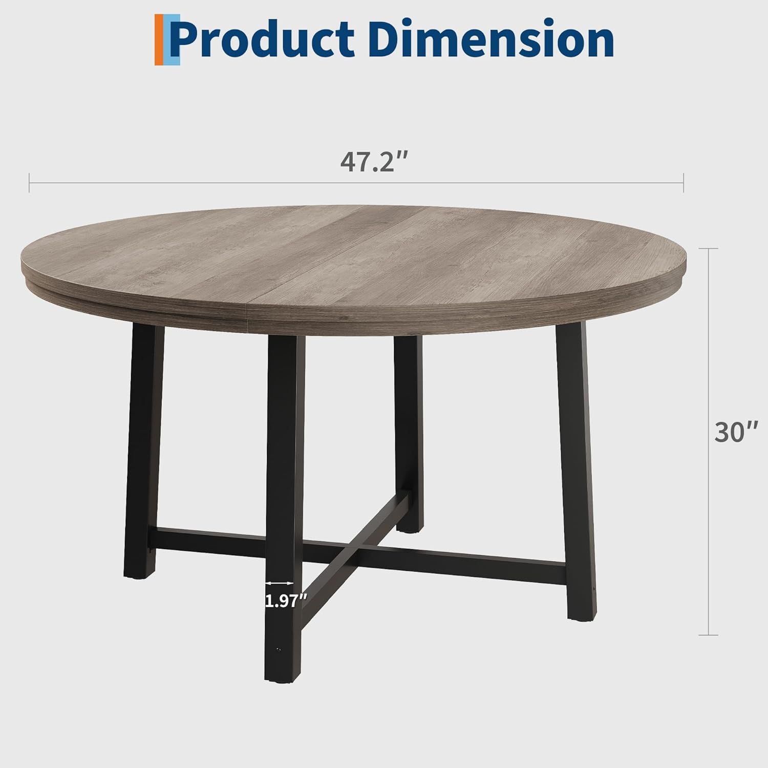 GarveeHome 47 in Round Dining Table, Industrial Dinner Table for 4 to 6, Wooden Kitchen Table with Sturdy Metal Frame & Rustic Gray Finish, Circle Kitchen Table for Dining Room, Kitchen （No Chairs）