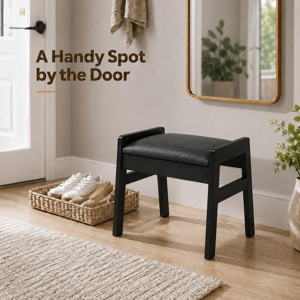 BAMBOOHOMIE Foot Stool Ottoman, Modern Vanity Stool Chair for Makeup with Removable Cushion & Side Handles, Bamboo Ottoman for Living Room Bedroom Office, Small Foot Rest for Couch (Black - Black)