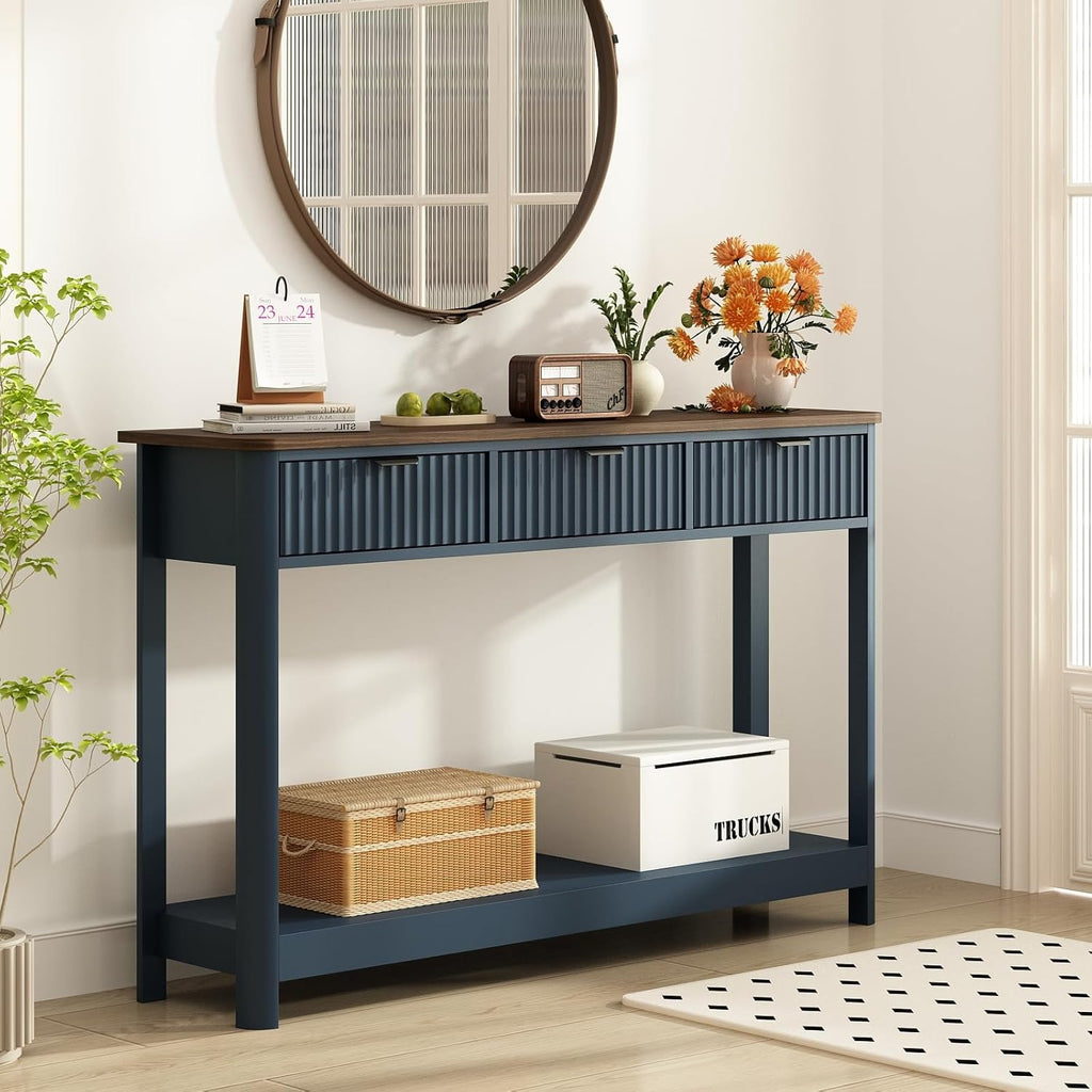 RUSTOWN Fluted Wood Console Table with 3 Drawers, 47.2" Modern Farmhouse Sofa Table & Entryway Table with Open Storage Shelf, Narrow Hallway Table for Living Room, Foyer and Hallway (Navy Blue)