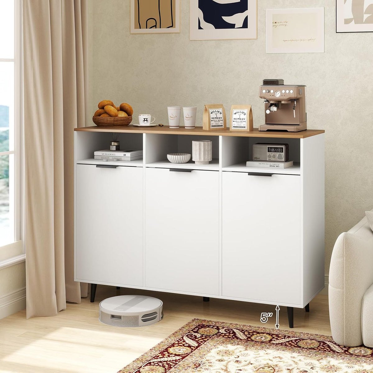 LOKO 47" W Buffet Sideboard, Kitchen Storage Cabinet with 3 Open Compartments, 3 Doors, 5-Position Adjustable Shelves, Coffee Bar Cabinet, Accent Sideboard for Living Room, White