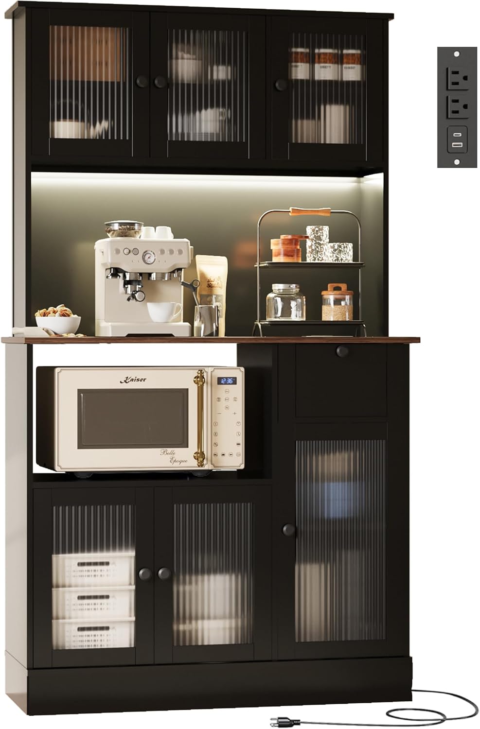 71" Kitchen Hutch Cabinet with Storage for Living & Dining Room, Kitchen Pantry Cabinet with LED Light & Outlet, Black and Walnut