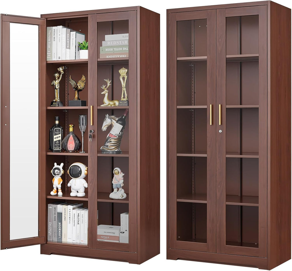 Polup Glass Display Cabinet, Display Case with Glass Doors and Shelves, Metal Curio Cabinets with Locking, 71" Tall Bookcase with Glass Doors for Home, School, Clinic (Wood Color)- Assemble Required