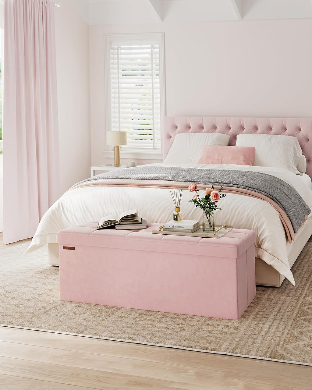 SONGMICS Storage Ottoman Bench, 43.3 Inches Velvet Foldable Foot Rest | Foot Rest, End of Bed Bench, Load up to 660 lb, Jelly Pink, MINOTA Collection ULSF277R01