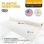 Plastic Sheeting 4 mil, 10' x 50' (500 sq. ft.) - Heavy Duty Semi-Clear Plastic Sheeting for Construction & Painting - Thick Plastic Sheeting for Drop Cloth - Durable LDPE Film Roll by IDL Packaging