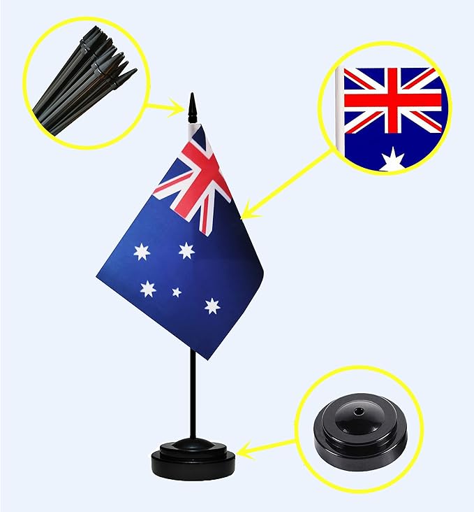 Australia Australian Deluxe Desk Flag Set Small Mini Miniature Australia Australian Table Desktop Flags With Solid Pole, Black Base and Spear Top(2 Pack)