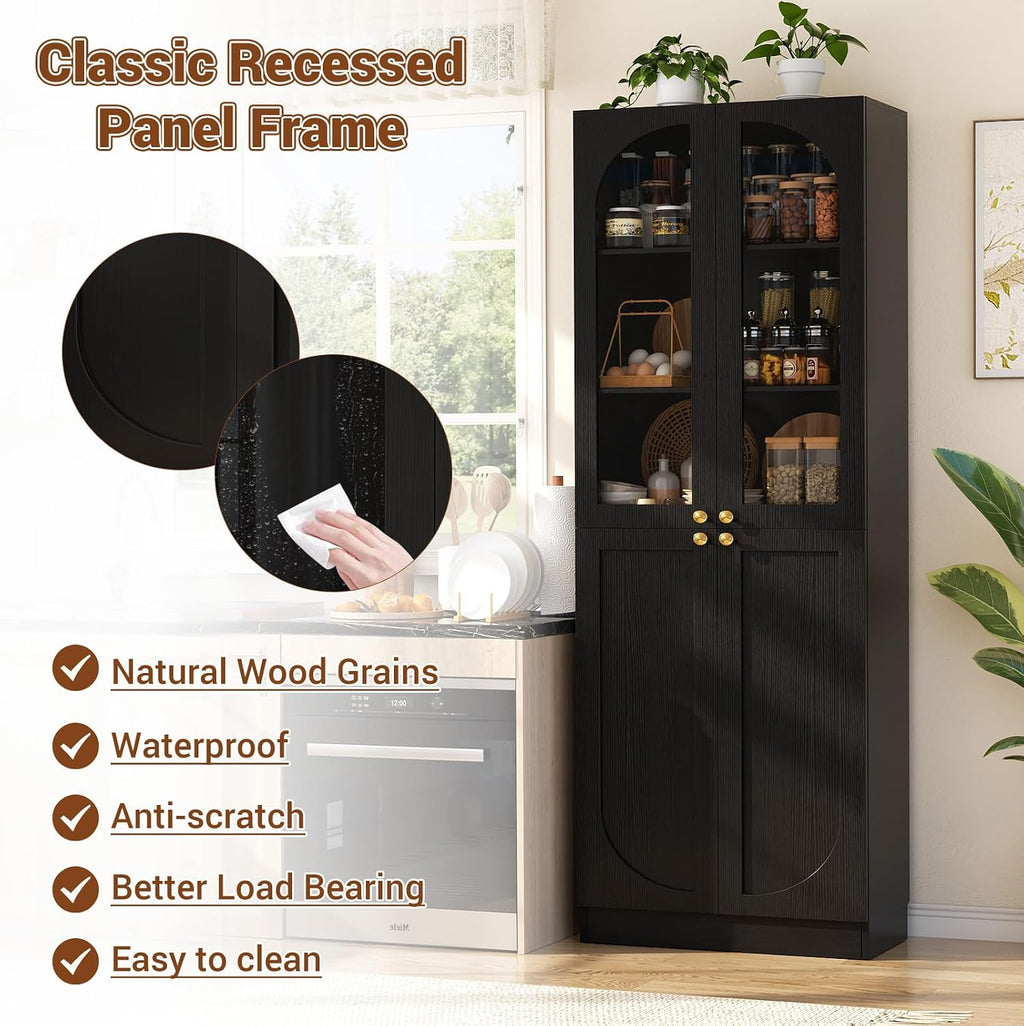Cyclysio 80" Tall Kitchen Pantry, Wide Arch Storage Cabinets with 4 Glass Doors and Adjustable Shelves, Freestanding Wood Floor Cupboard with Seamless Fit Wall for Living Room, Dining Room