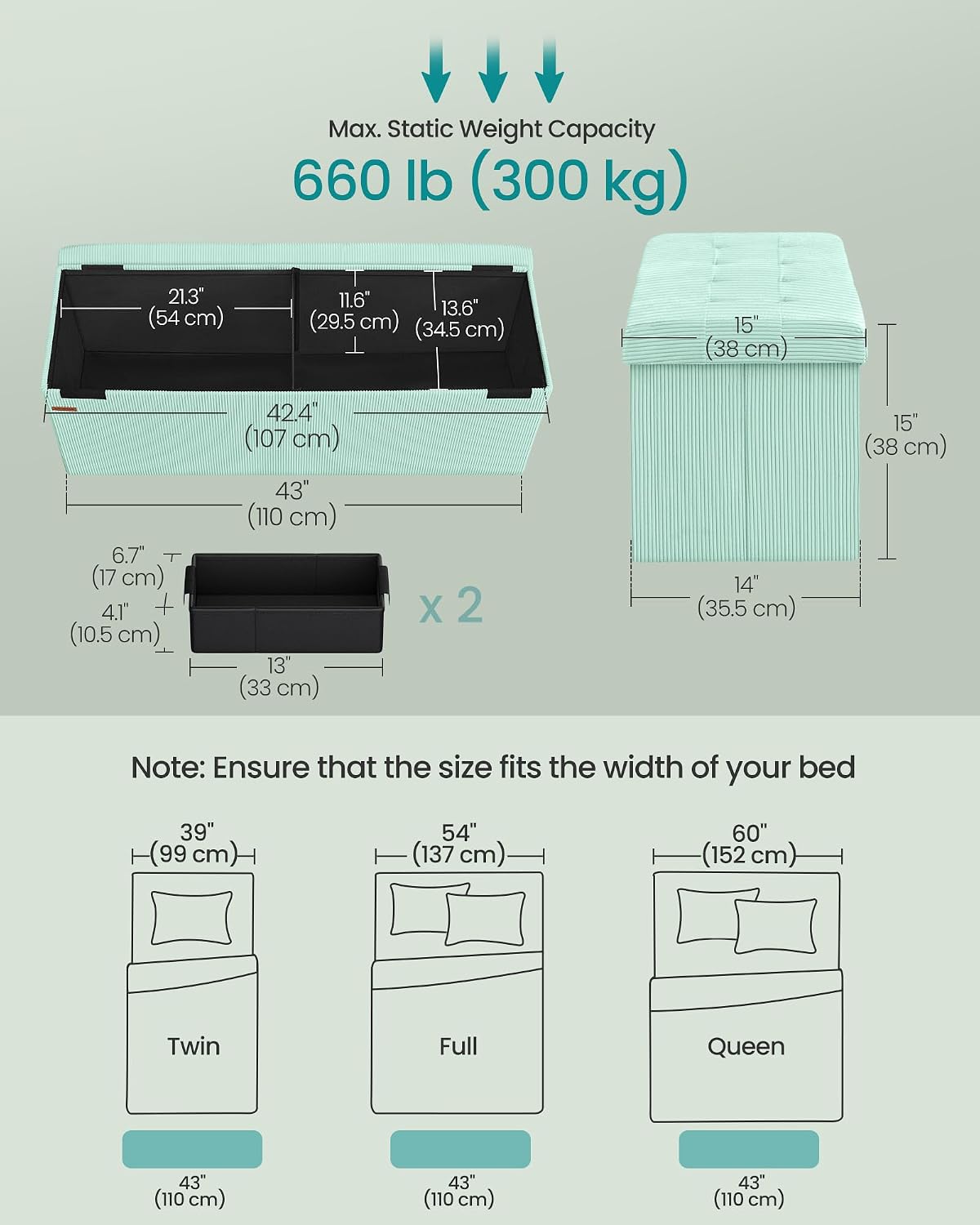 SONGMICS Ottoman Storage Bench, 43 Inch Foldable Foot Rest | Corduroy, for Entryway, Living Room, Bedroom, Moonlight Green, MINOTA Collection ULSF604C01