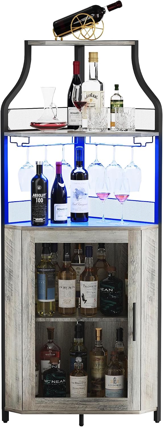 GAOMON Corner Bar Cabinet with LED Strip and Glass Holder, Industrial Wine Cabinet with Adjustble Shelf, 5-Tiers Liquor Cabinet Bar Cabinet for Home, Corner Display Cabinet for Small Space,Grey