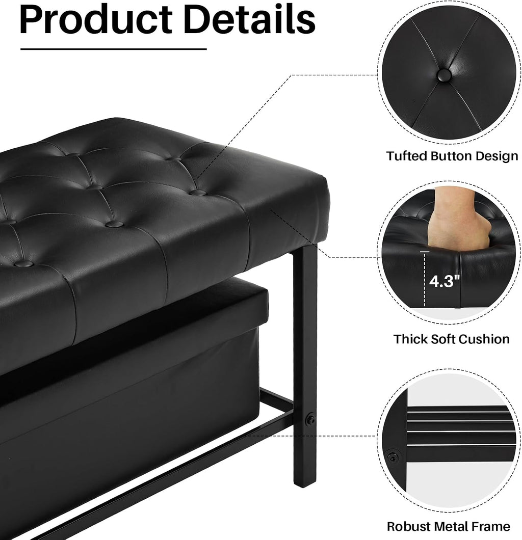 SOFTHION 55.5" End of Bed Bench, Faux Leather Entryway Bench, Black | Modern Leather Button Tufted Bedroom Bench, Upholstered Storage Shoe Bench with Metal Base for Living Room, Bedroom, Entryway