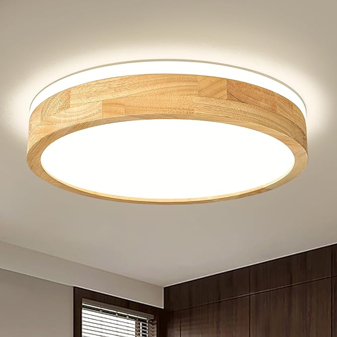 Modern Dimmable Wood Flush Mount Ceiling Light, 2700K-6000K 5CCT Round Close to Ceiling Lighting Fixtures, Minimalist LED Ceiling Lamp for Bedroom, Kitchen, Hallway, Living Room-15.74in