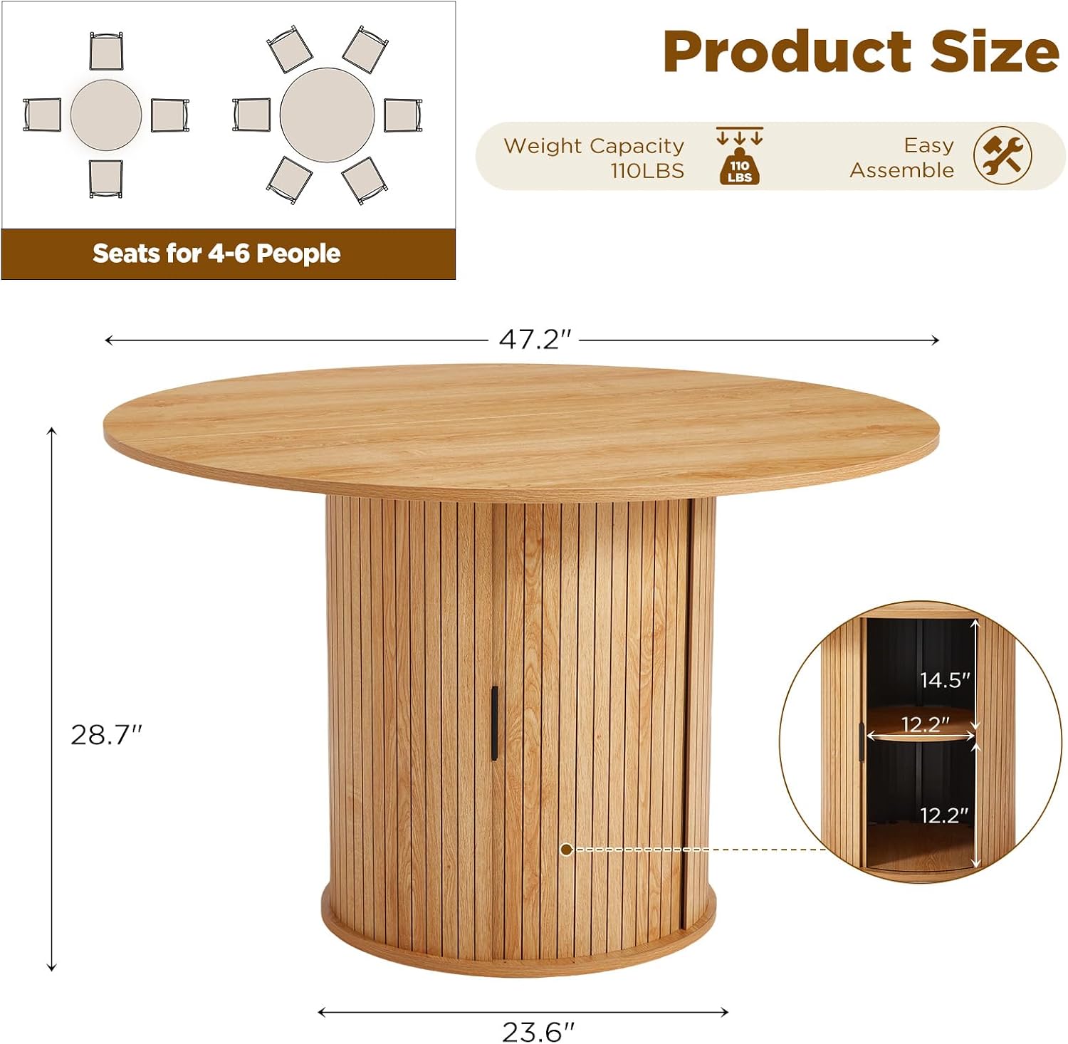 AVAWING 47-inch Round Dining Table for 4-6, Circle Fluted Kitchen Table with 2-Layer Storage Shelf and Wood Slide Door, Mid-Century Modern Fluted Design Wooden Dining Desk for Dining Room, Natural