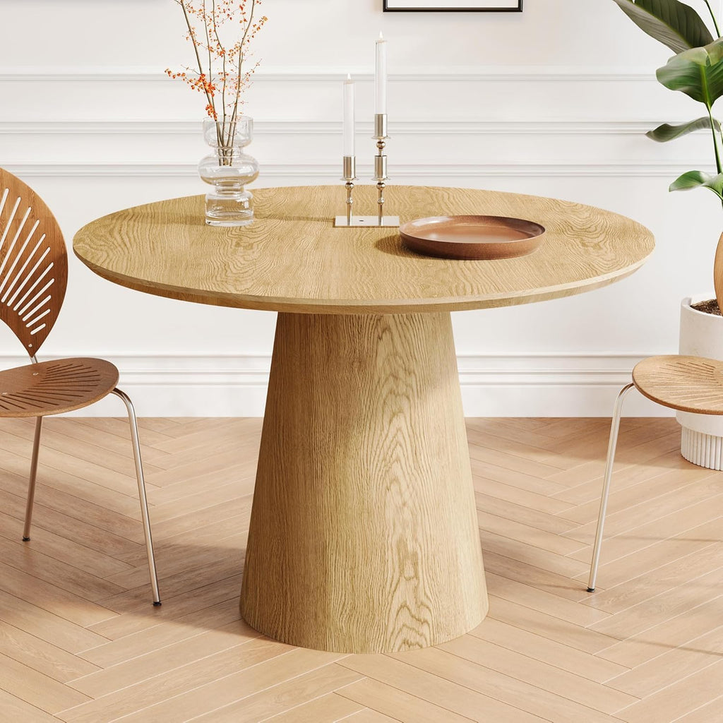 Farmhouse Round Dining Table for 4-5, 43" Round Wooden Kitchen Table with MDF Table Top Pedestal Base,Mid Century Modern Minimalist Dining Table for Dining Room Kitchen Living Room Small Space Oak