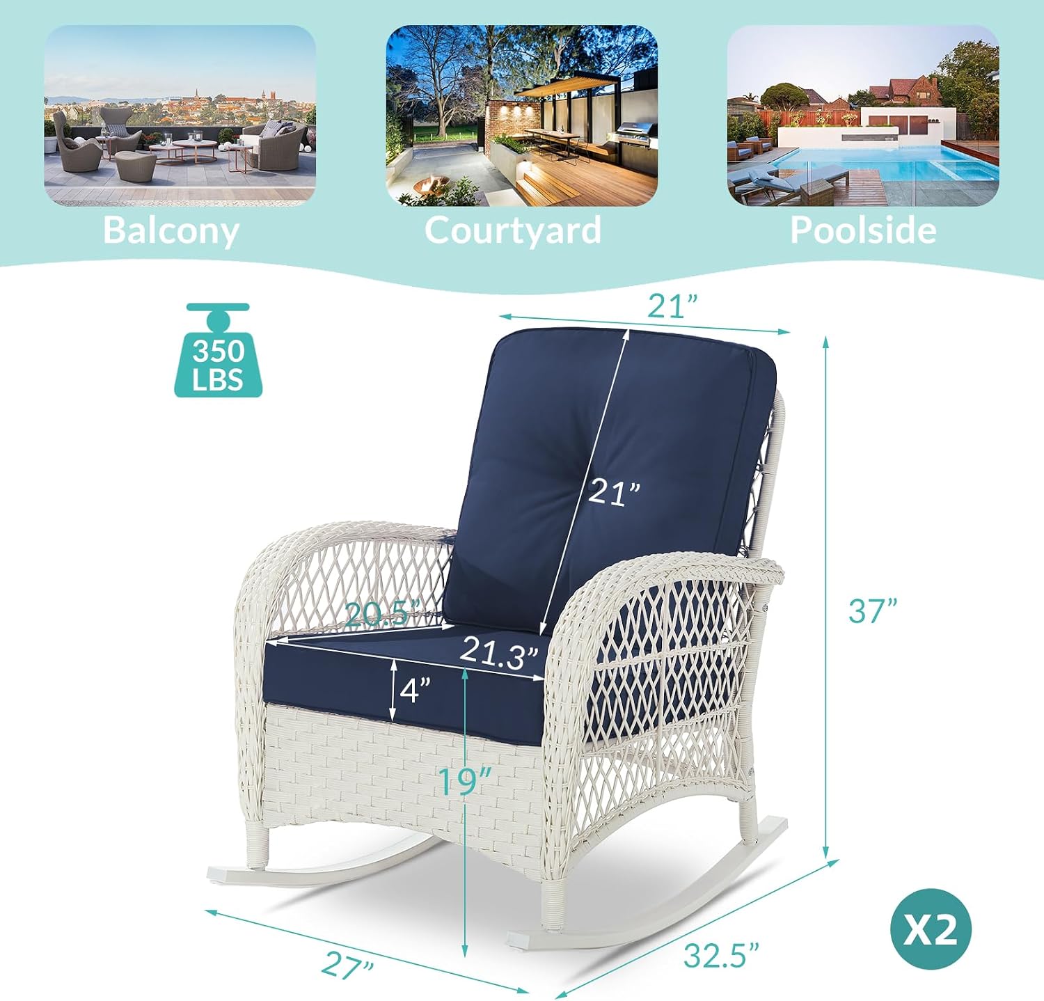 MEETWARM Outdoor Wicker Rocking Chairs Set of 2, Rattan Patio Rocker Chairs with Thick Cushions and High Back, All-Weather Patio Wicker Chair with Safe Rocking Design for Garden, Cream White/Navy