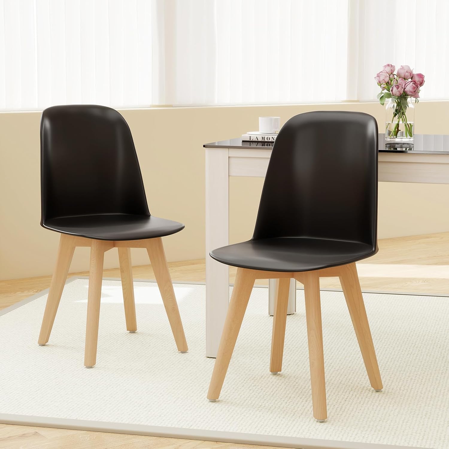 Giantex Modern Dining Chairs Set of 2, Black Armless Kitchen Chair w/Solid Beech Wood Legs, Tilt Backrest, Wide Seat, Indoor Plastic Side Chairs for Living Dining Room Restaurant