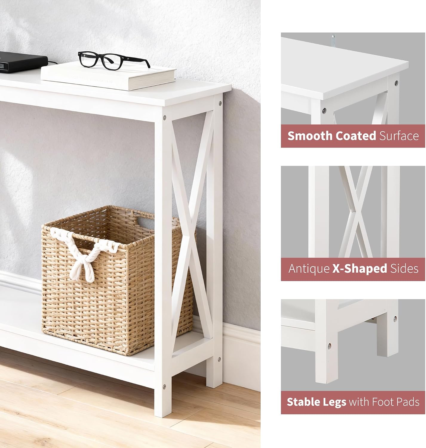 ZenStyle Sofa Side Console Table with 2 Storage Shelves Narrow Accent Table for Entryway/Hallway/Living Room, 39.3in L x 11.8in W x 31.6in H (White, 39.3 inch)