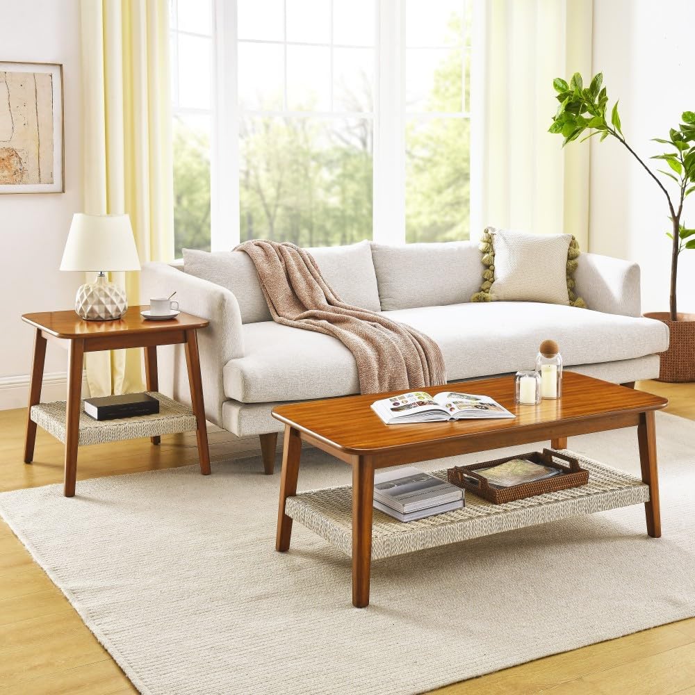 23" Mid-Century Side Table with Woven Shelf and Storage, for Living Room Couch Bedroom Patio Home Office,Dark Walnut (Side Table)