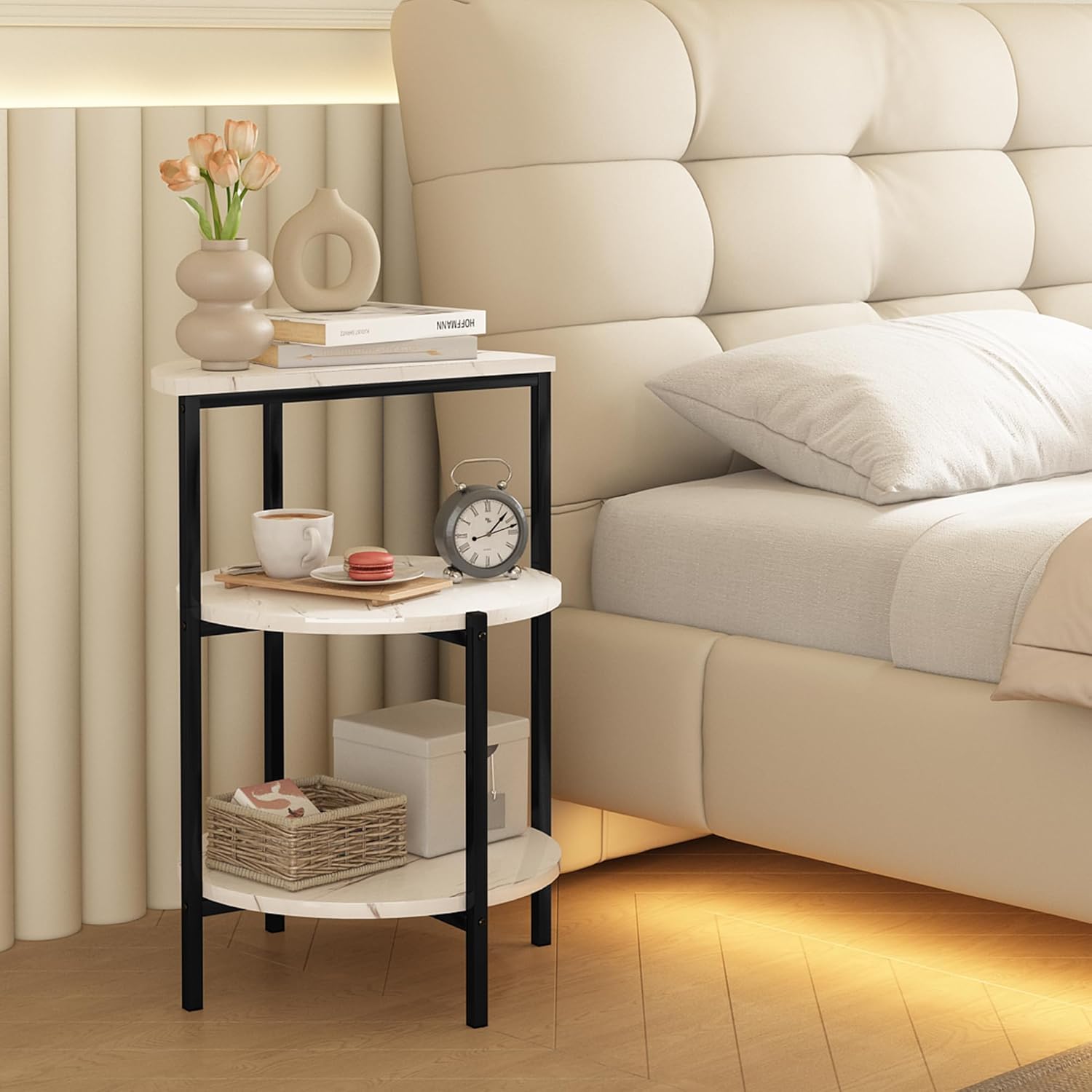 furlinkhm Marble Side End Table Set, 3-Tier Sofa Side Table, Small Round Coffee Bedside Corner Table with Metal Frame for Living Room Bedroom (1, White&Black)