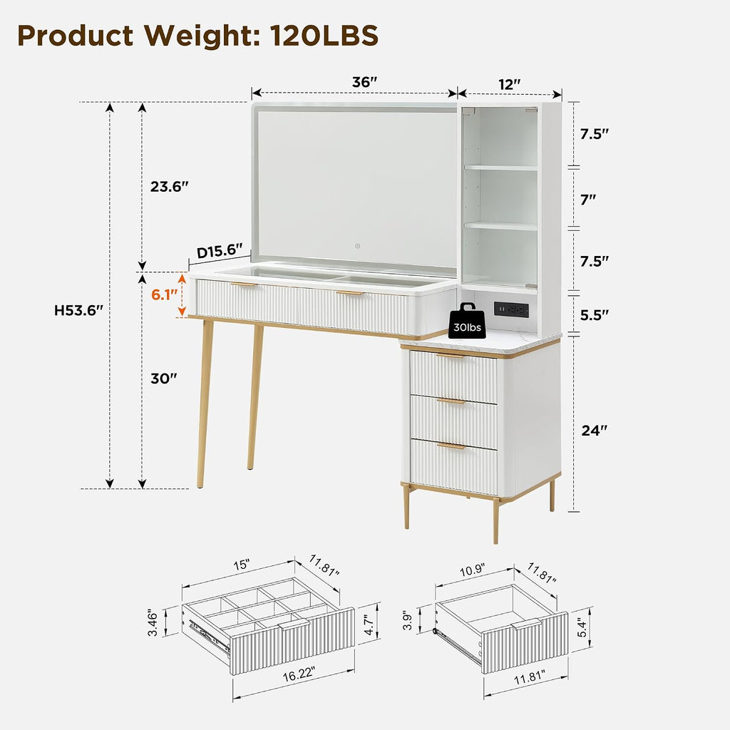 T4TREAM Fluted Makeup Vanity Desk with 36" HD Lighted Mirror, 48" Big Modern Vanity Desk with Mirror and Lights, Dressing Table with 5 Drawers & Shelves, Glass Top for Bedroom (Off White)