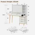 T4TREAM Fluted Makeup Vanity Desk with 36" HD Lighted Mirror, 48" Big Modern Vanity Desk with Mirror and Lights, Dressing Table with 5 Drawers & Shelves, Glass Top for Bedroom (Off White)