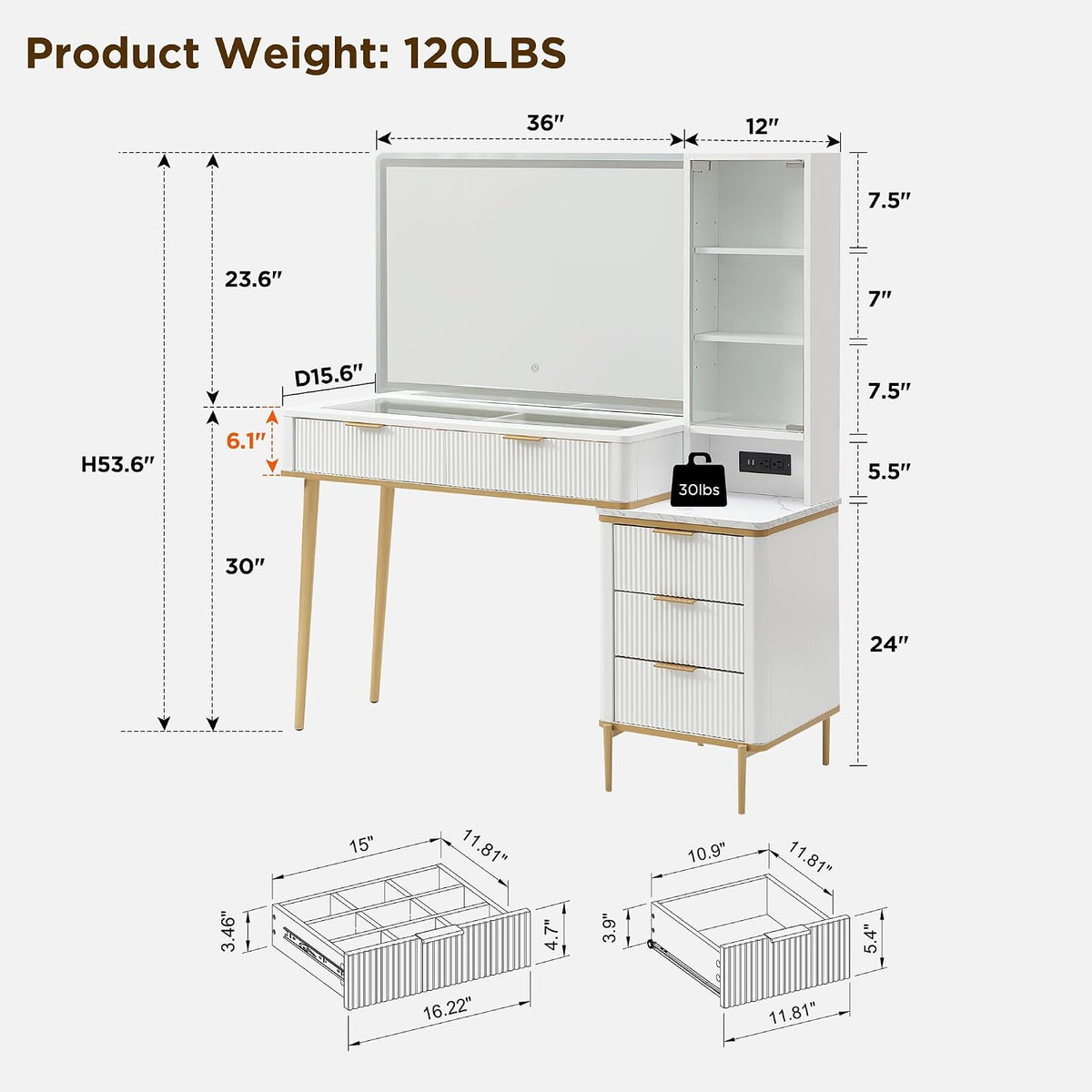 T4TREAM Fluted Makeup Vanity Desk with 36" HD Lighted Mirror, 48" Big Modern Vanity Desk with Mirror and Lights, Dressing Table with 5 Drawers & Shelves, Glass Top for Bedroom (Off White)
