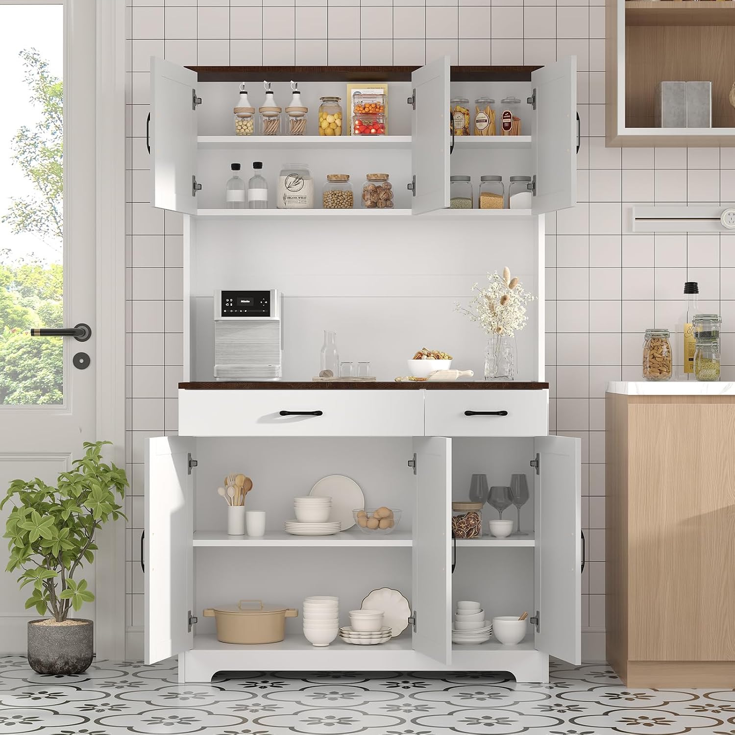 GarveeHome Farmhouse Kitchen Pantry Cabinet, 71" Tall Storage Cabinet with Charging Station, White Kitchen Hutch with Microwave Stand & Storage Drawers for Living Room, Dining Room