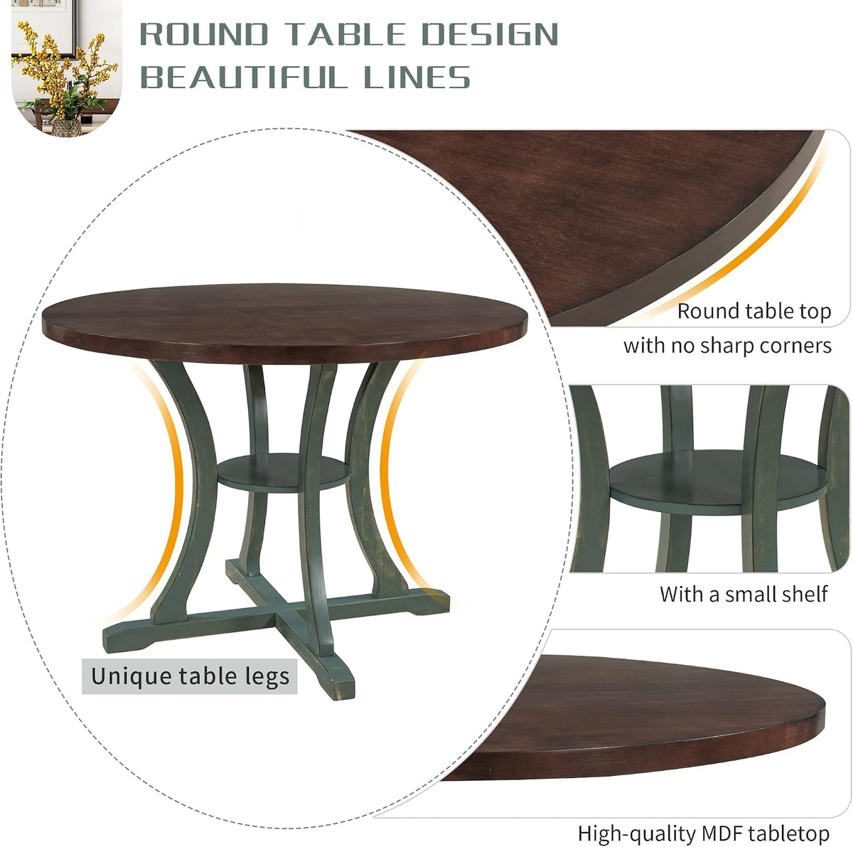 Merax 5 Piece Round Dining Table Set 4 Retro Chairs with Special-Shaped Table Legs, Designed Hollow Chair Back for Dining Room, Antique Blue