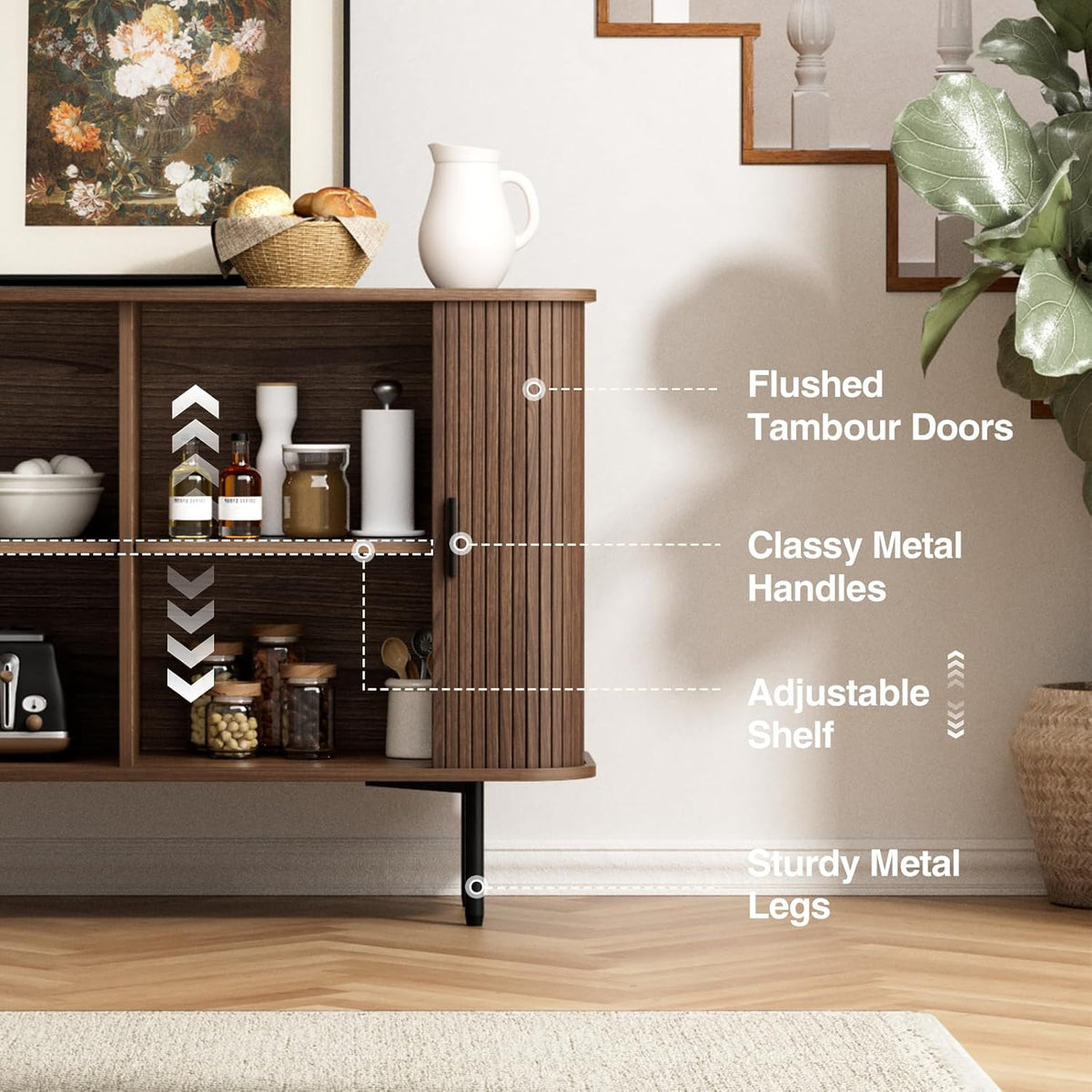 FiveWillowise 47''W x 32''H Buffet Sideboard Cabinet with Storage, Fluted Storage Accent Cabinet with Curvy Edge, Sliding Door, Credenza, Console Table for Living Room, Kitchen, Walnut