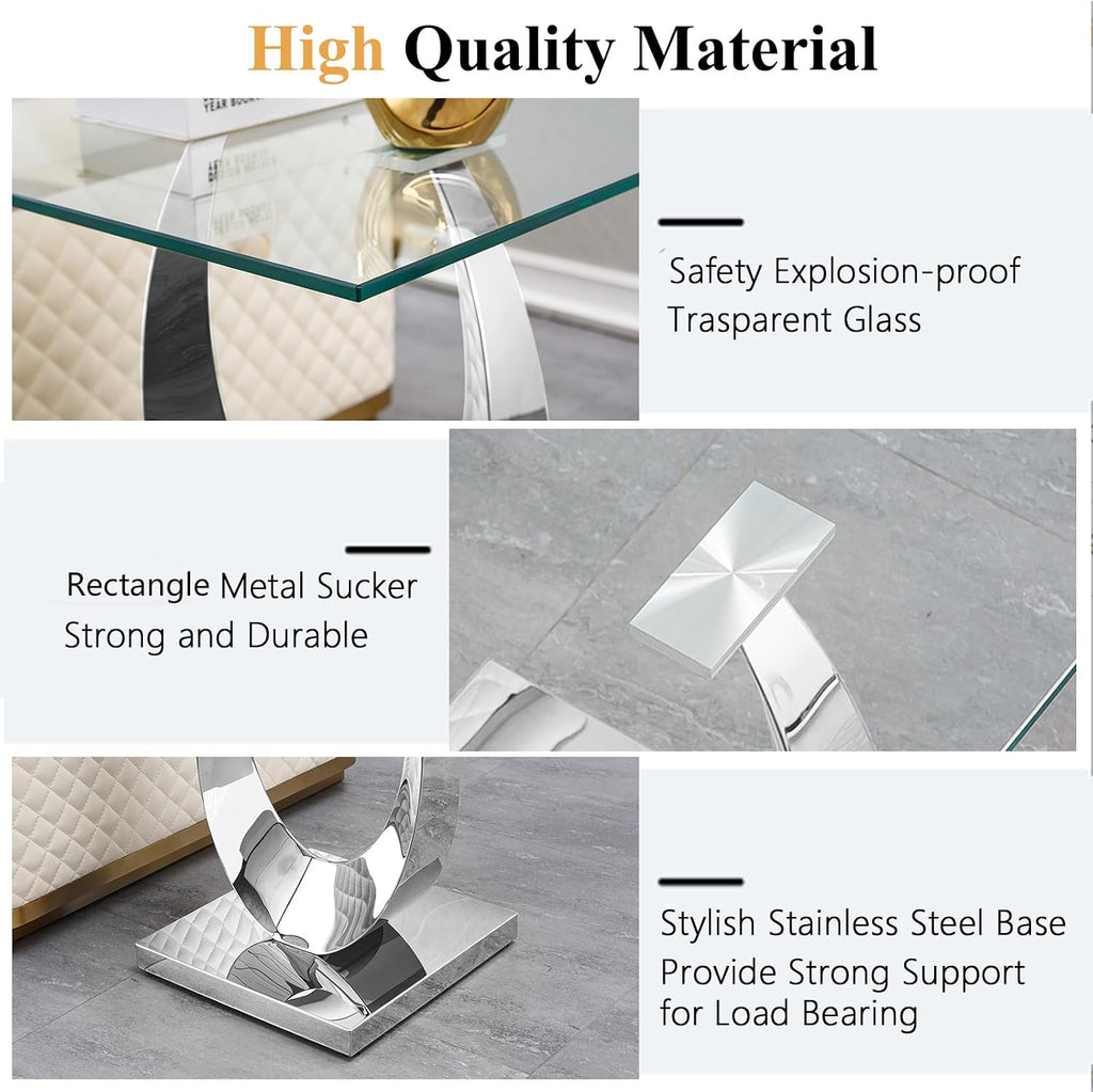 Modern Square End Table for Living Room, Tempered Glass Top & Moon Shape Stainless Steel Base, Luxury Glass Sofa Side Bedside Table, Night Stand, Small Accent Table, Silver