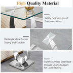Modern Square End Table for Living Room, Tempered Glass Top & Moon Shape Stainless Steel Base, Luxury Glass Sofa Side Bedside Table, Night Stand, Small Accent Table, Silver
