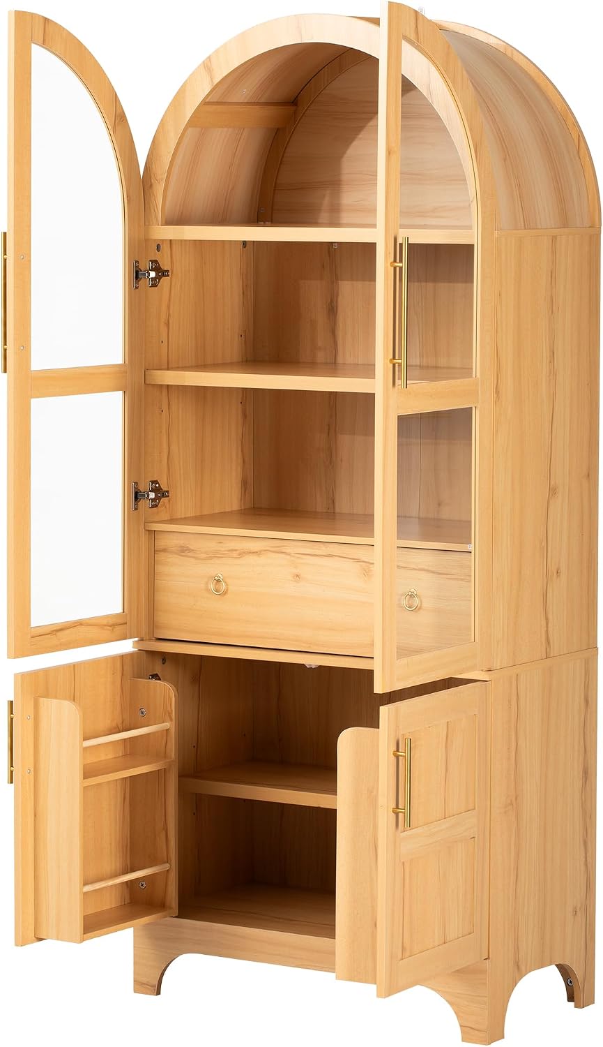 71" Arched Kitchen Pantry Cabinet with Glass Doors, Farmhouse Pantry Cabinet with Door Shelves and Drawer, Tall Cupboard with Adjustable Shelves for Kitchen, Dining Room, Natural