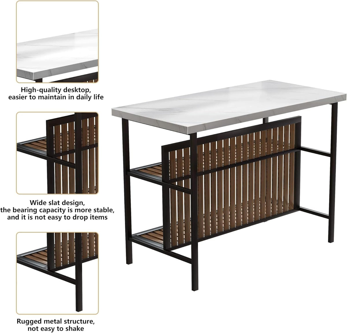 Recaceik 3 Piece Pub Set, Rectangular 2 Bar Stools, Faux Marble Dining Room Set of 2, Modern Counter Height Table with Storage, Kitchen Island with Seating, White