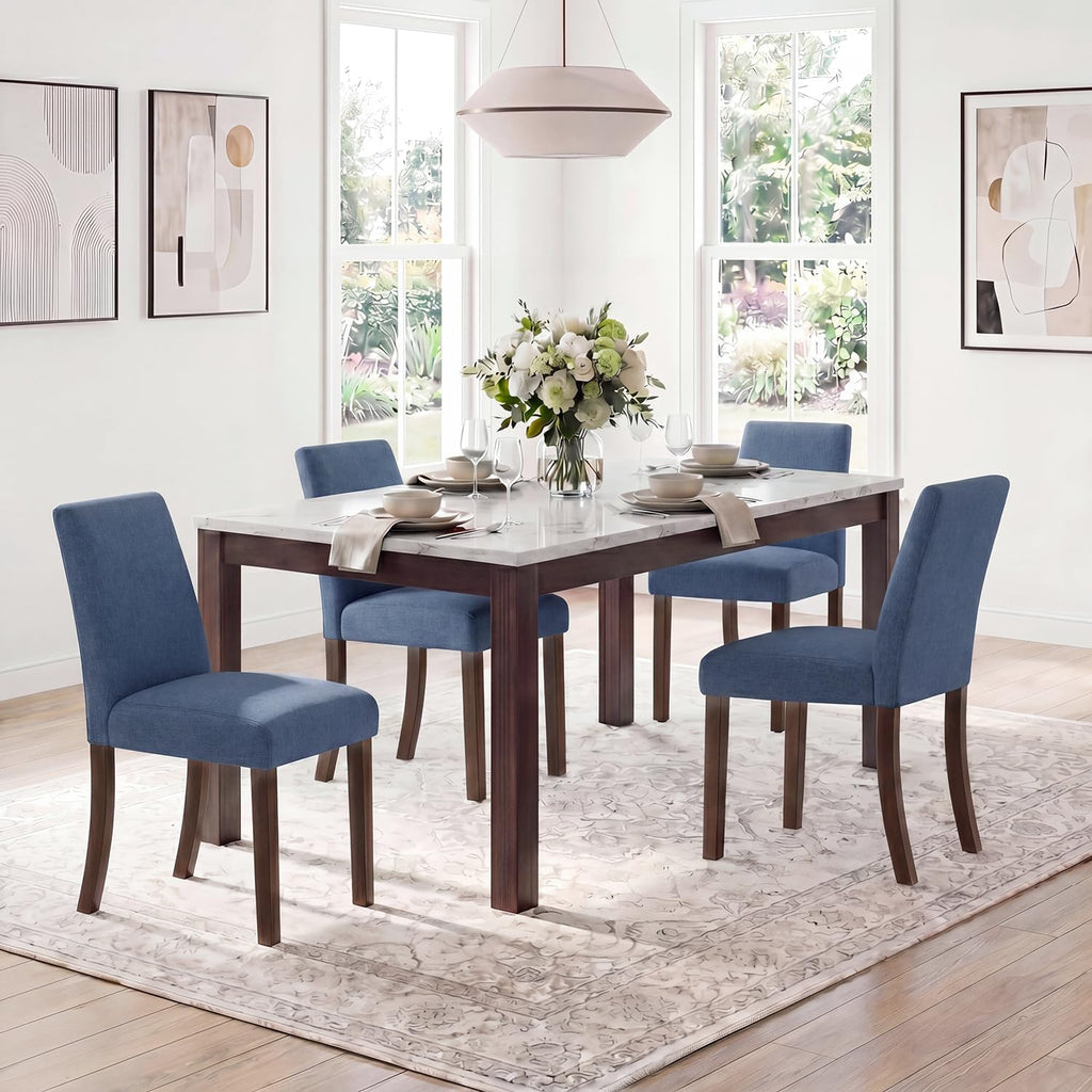 Upholstered Dining Chairs Set of 4, Mid-Century Dining Room Chairs with Wooden Legs, Farmhouse Fabric Parsons Chairs for Small Space Restaurant & Cafe- Blue