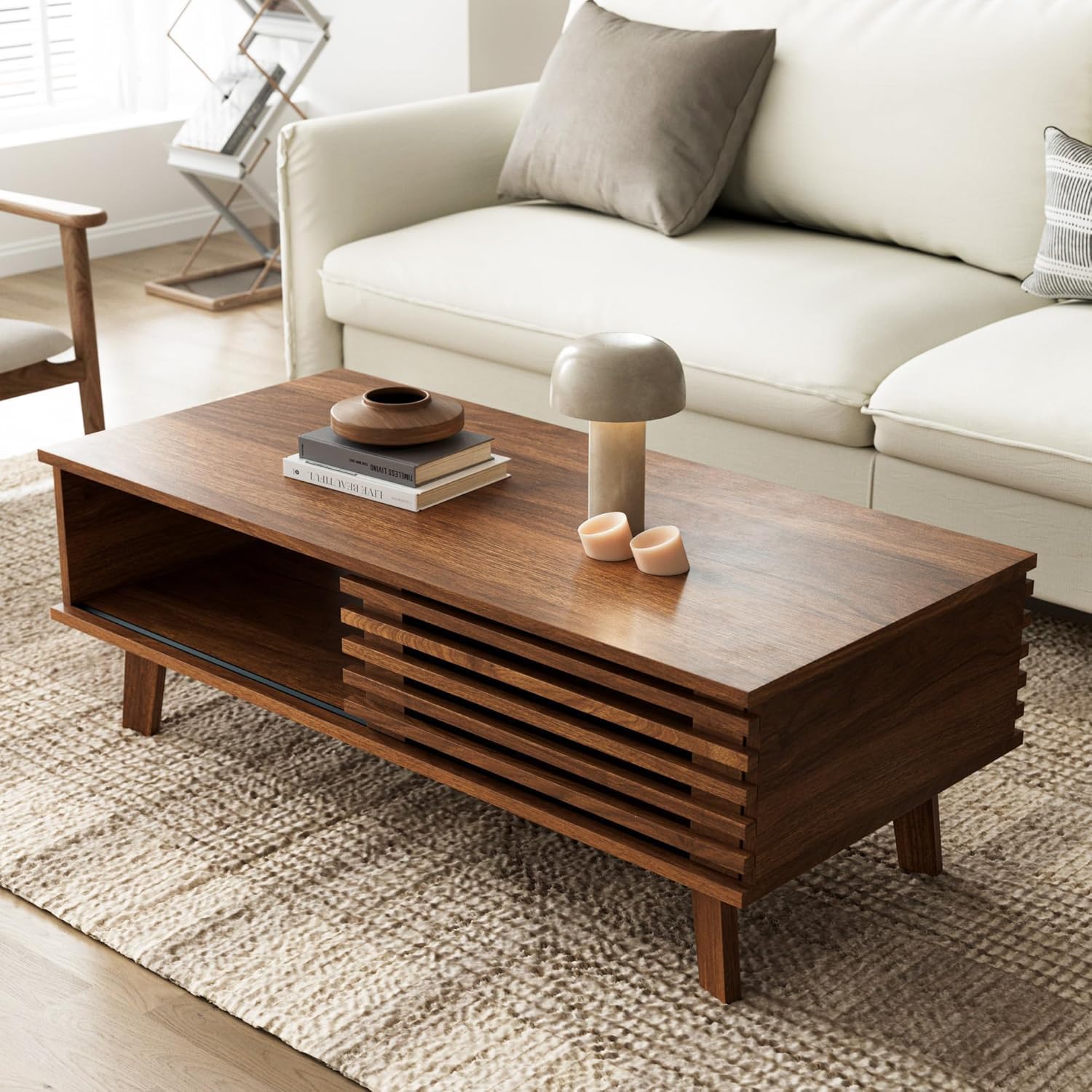 Furniway Mid Century Living Room Table Set of 4, Coffee Table, TV Stand and 2 End Tables with Sliding Door Storage, Walnut