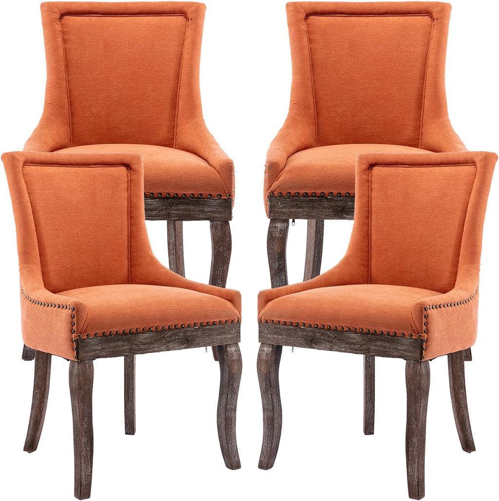 Modern Dining Chairs Set of 4, Fabric Upholstered High Back Chairs with Nailhead Trim and Curved Solid Wood Legs, Sillas de Comedor Accent Chairs for Dining Room, Orange