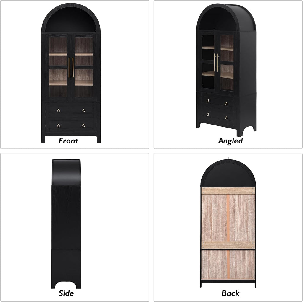 71" Tall Arched Kitchen Pantry with Glass Doors and 2 Large Drawers, Farmhouse Kitchen Storage Cabinet with Adjustable Shelves, Wood Versatile Cupboard for Dining Room (Black-3.12)