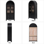 71" Tall Arched Kitchen Pantry with Glass Doors and 2 Large Drawers, Farmhouse Kitchen Storage Cabinet with Adjustable Shelves, Wood Versatile Cupboard for Dining Room (Black-3.12)