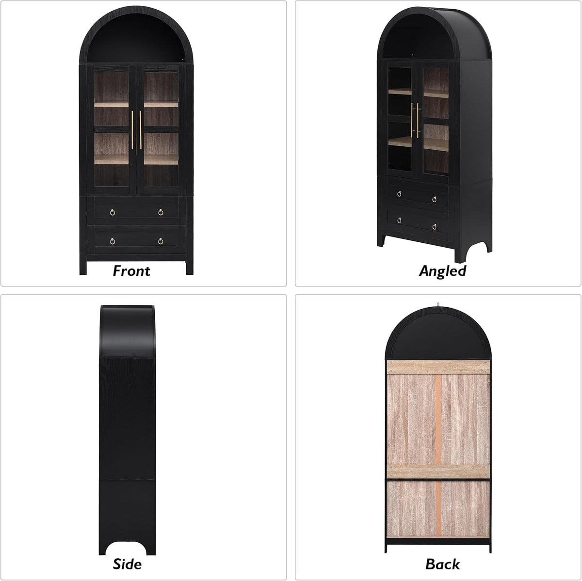 71" Tall Arched Kitchen Pantry with Glass Doors and 2 Large Drawers, Farmhouse Kitchen Storage Cabinet with Adjustable Shelves, Wood Versatile Cupboard for Dining Room (Black-3.12)