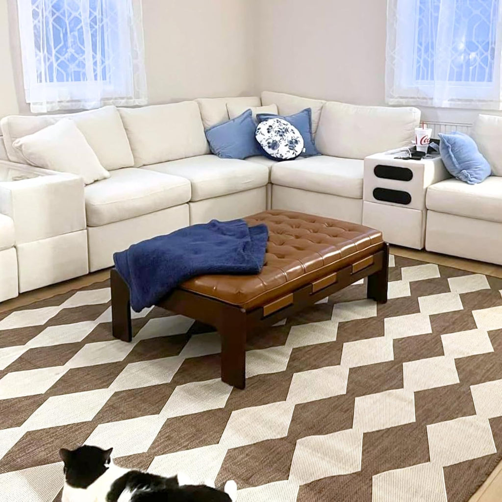 chairus 47.75" Large Rectangle Ottoman Coffee Table, Tufted Faux Leather Upholstered Living Room Coffee Table with Solid Wood Frame, Oversized Mid-Century Modern Footrest Ottoman, Brown PU