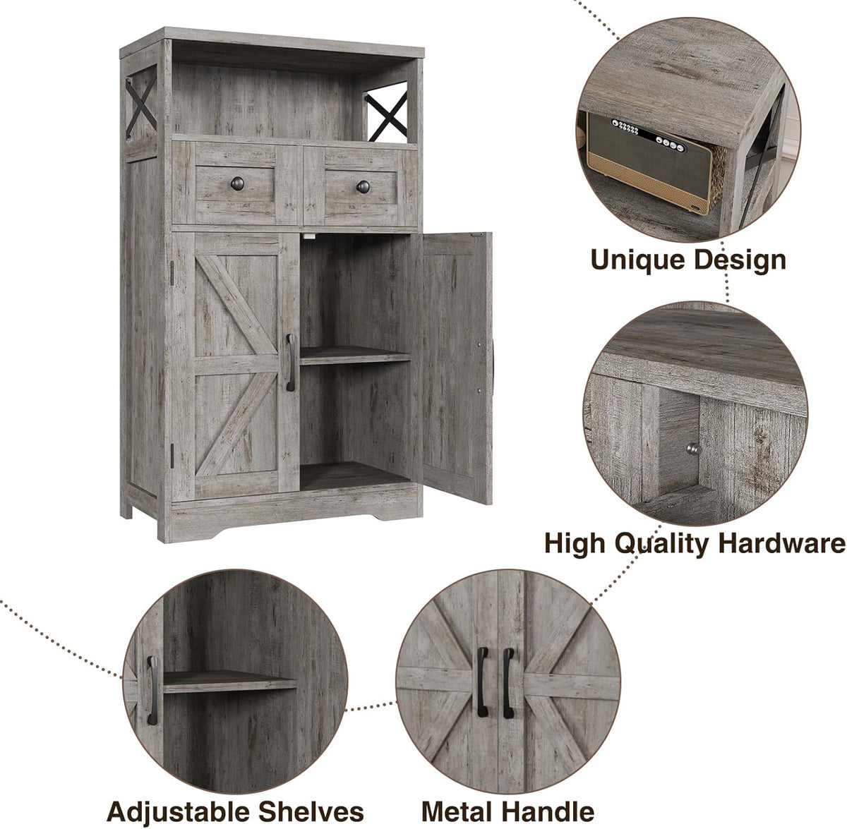 FiveWillowise Small Farmhouse Storage Cabinet with Barn Doors, Farmhouse Kitchen Pantry Cabinet, Tall Coffee Bar with Storage, Hutch Cupboard for Kitchen, Laundry, Living Room, Washed Grey