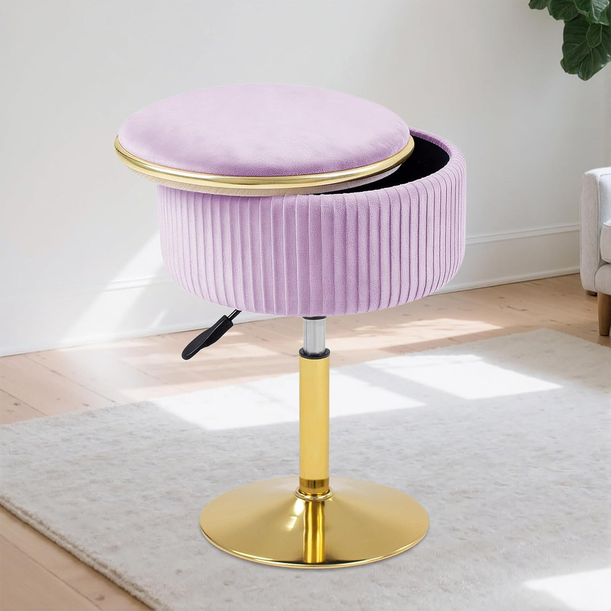 Adjustable Vanity Stool, Velvet Makeup Stool with Storage Purple | Small Vanity Chair, 360° Swivel Round Ottoman with Gold Base for Living Room, Bedroom