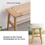 47 Inch Boho Dining Bench Solid Oak with Hand Woven Rattan - Skinny Narrow Bench for Entryway, End of Bed Bench for King Bed, Modern Farmhouse Natural Wicker Hallway Seating