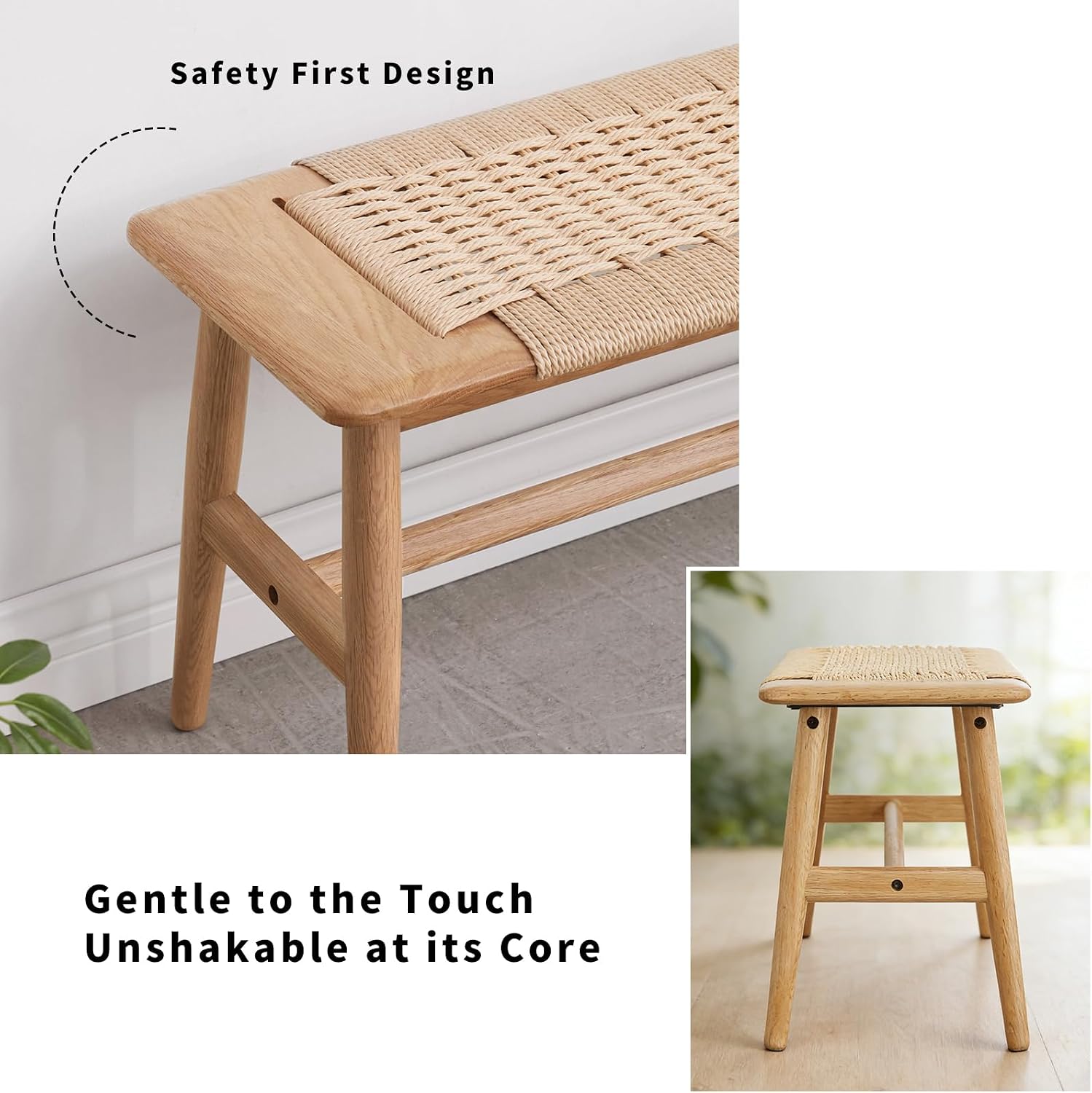 47 Inch Boho Dining Bench Solid Oak with Hand Woven Rattan - Skinny Narrow Bench for Entryway, End of Bed Bench for King Bed, Modern Farmhouse Natural Wicker Hallway Seating