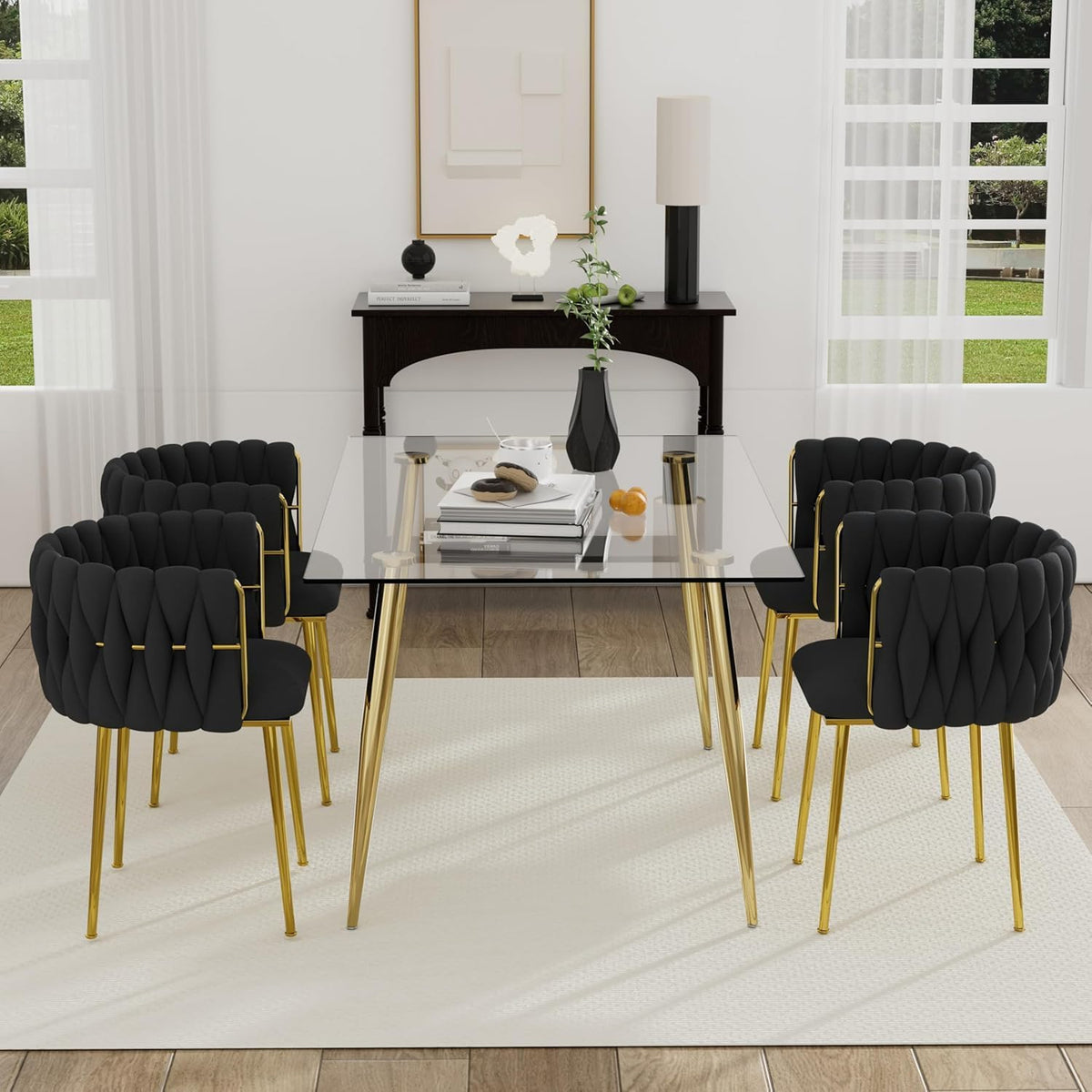 Modern Gold Glass Dining Table Set for 4, 51'' Clear Glass Top Rectangular Dinner Room Table Set, 5 PCS Luxury Kitchen Table Set, Black Woven Chair for Kitchen Apartment Living Room
