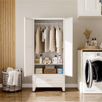 Metal Wardrobe Closet Hanging Rod 71" Tall, Heavy Duty Steel Armoire Wardrobe Cabinet, Clothing Storage Cabinet for Bedroom, Office, Laundry Room, 1 Drawer, White
